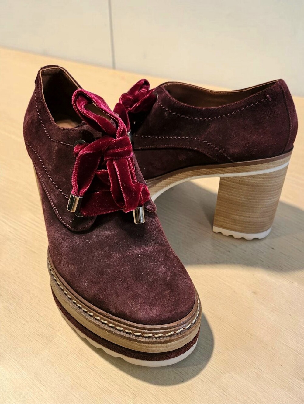Pons Quintana Suede Burgundy Derby Shoe Platform Block Heel Womens 10 Lace Up
